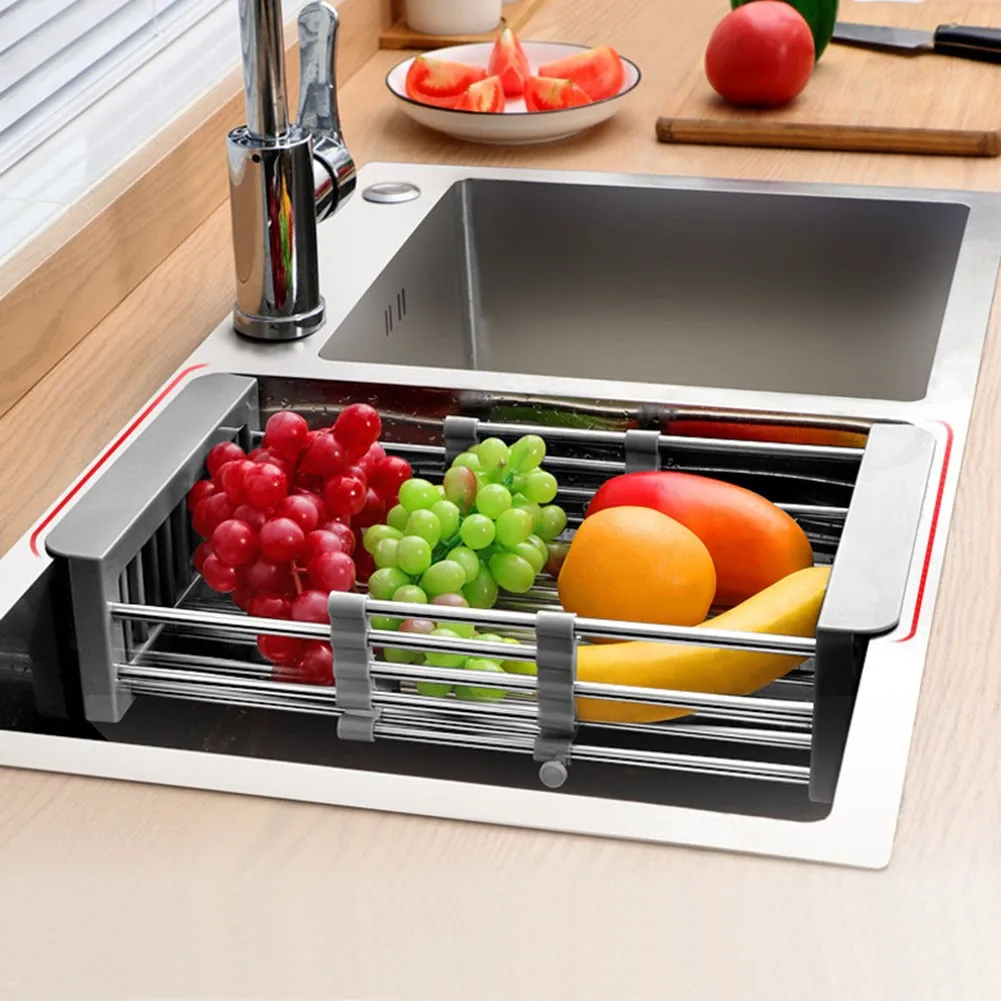 Retractable Stainless Steel Kitchen Sink Shelf Dish Rack Adjustable Sink Rack Kitchen Dish Holder Fruits Vegetable Drainer Tool