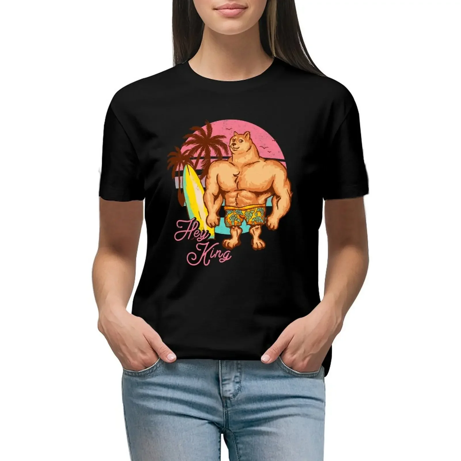 

Swole Doge Chilling on the Beach Pink Hey King Big Muscle Buff Dog Meme Chad Shiba Inu Doggo Dank Memes Bonk Dorime Much T-Shirt