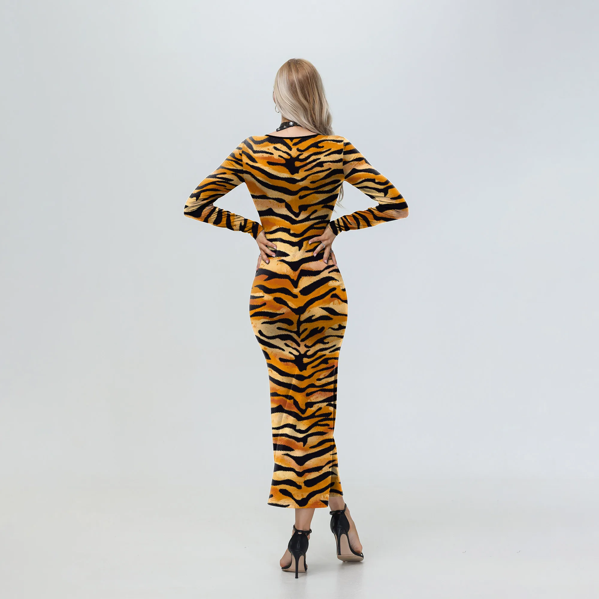 Tiger Stripe Fishtail Dresses Long Sleeved O Neck Dress Women Animal Cosplay Halloween Outfit Women Dresses Carnival Robe