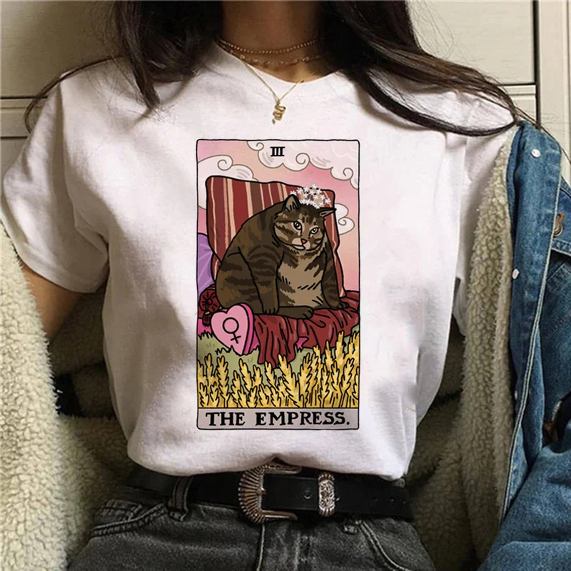 T-shirt manches courtes col rond femme, estival et mignon, à la mode, Kawaii Cat Tarot