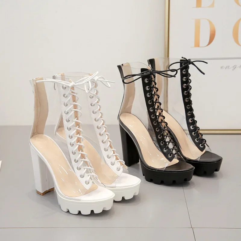 Comemore 2024 PVC Transparent Sandals Boots Open Toe Lace-up Gladiator High Heels Summer Shoes Platform Heel Sandal Big Size 42