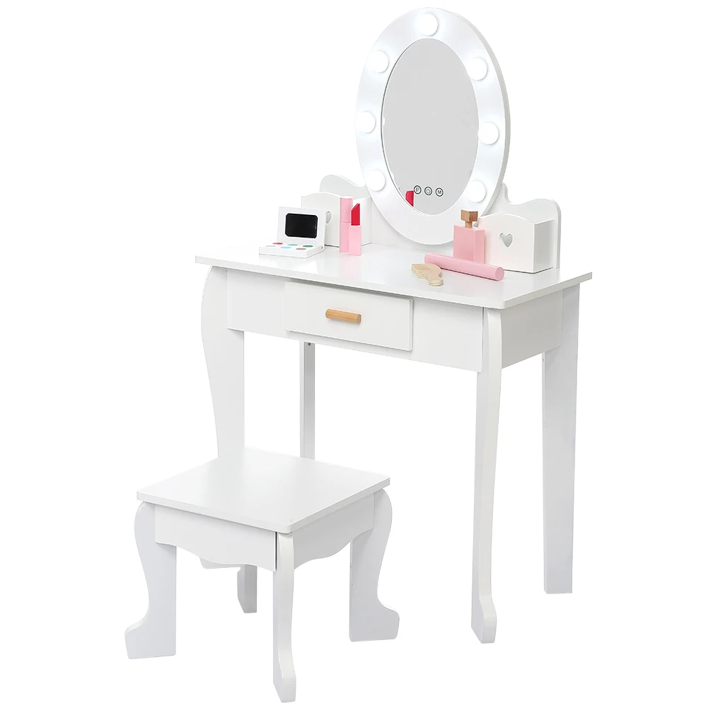 Table and Chair Set,  Makeup Dressing Table with Lights & Wood Makeup Playset, Vanity Set with Mirror & Drawer for Girl