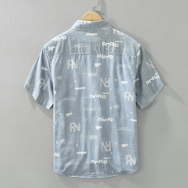 Letter Print Short Sleeve Shirt for Men Turn-down Collar Casual Shirts Male Cotton Loose Fashion Clothing