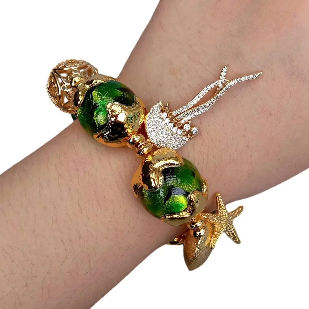 Y·YING Green Murano Glass White Pearl Gold Plated Charm Beaded Bracelet Handmade Fashion Jewelry image 2