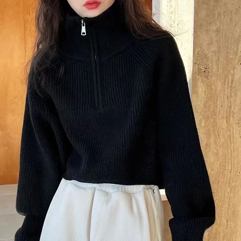 Nieuwe gesplitste damestop met hoge hals en ritssluiting, gebreide losse trui met dieptepunt en lange mouwen