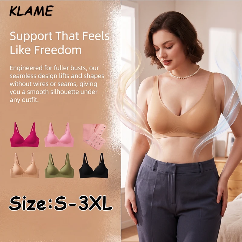 KLAME S-6XL Plus Size Deep V-neck 3D Thin Cup Seamless No Wired Soft Support Push Up Adjustable Women's Jelly Bra KLM1586