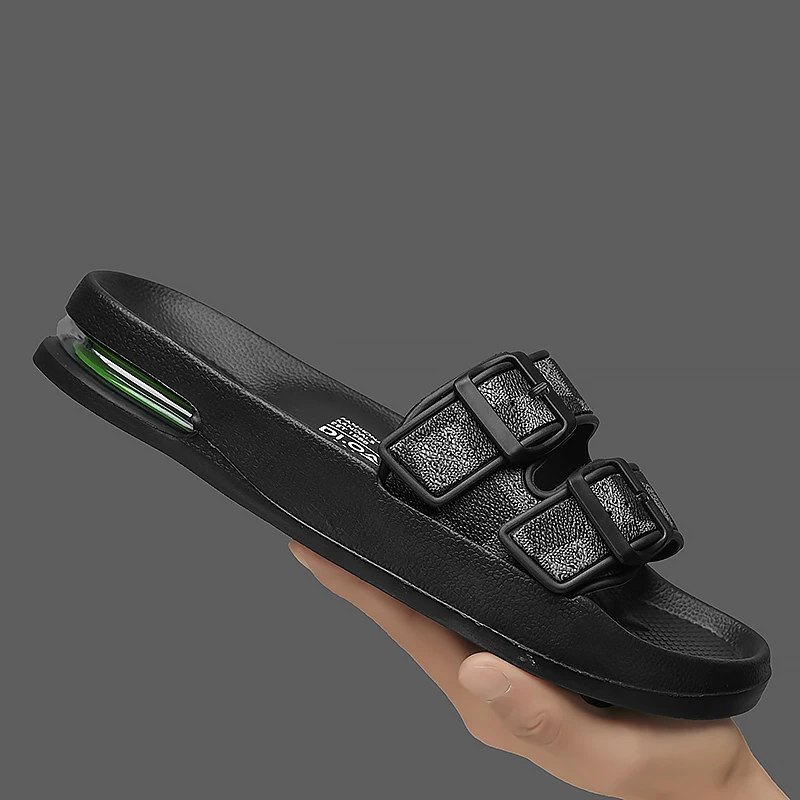 Zapatillas de moda para hombre 2025, novedad de verano, chanclas de diseño, zapatillas de cuero de lujo, zapatos de playa informales con sandalias con cojín de aire