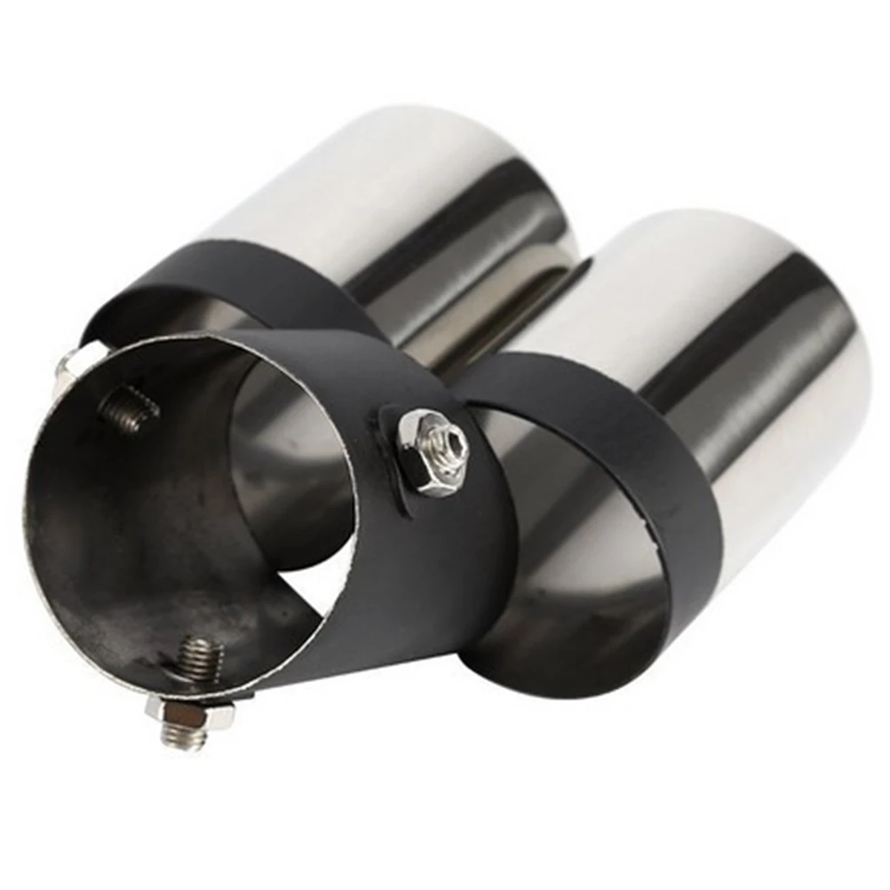 

Silver Color Double Outlets Stainless Steel Tailpipe Exhaust Muffler Tip Cover Curved Style Car Exhaust Outlet Noise Reduction