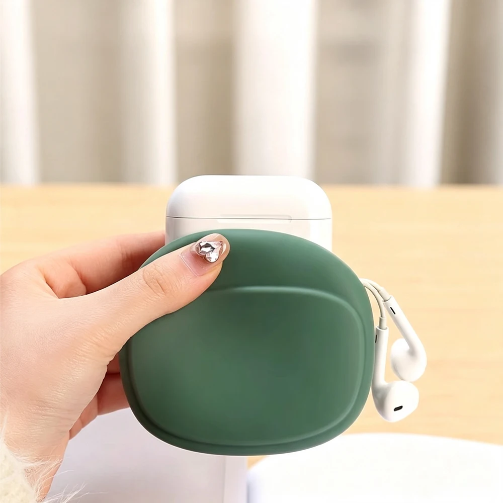 Wireless earphone storage case with silicone protective cover for travel storage and organization, including data cable and phon