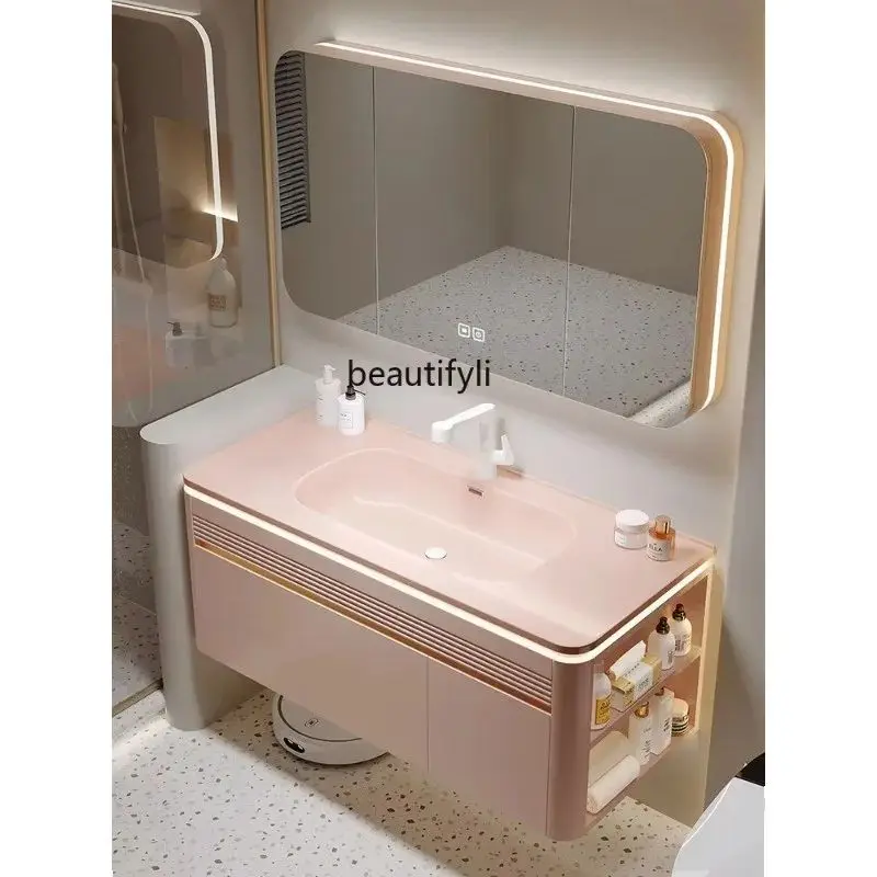 

New Light Luxury Light Color Bathroom Cabinet Ceramic Integrated Washbasin Combination Oak Washbasin Pink Bathroom Washbasin Cre