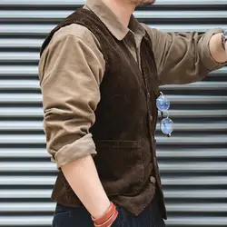 Men Waistcoat V-Neck Sleeveless Single Breasted Vest Coat With Multi-pocket Design Solid Color Corduroy Waistcoat Мужской Жилет
