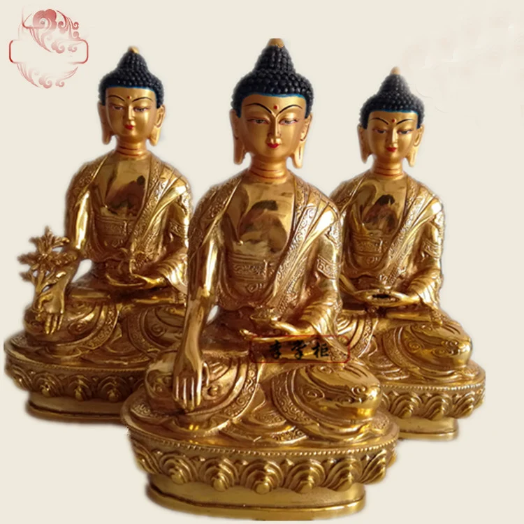 HOME Temple Phra Sompo Buddhas # India Tibetan Buddhism Amitabha Sakyamuni the Medicine Buddha Gold gilding brass statue 20CM
