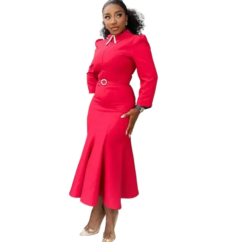 

Women's Elegant Polo Collar Office Dress Long Sleeve High Waist Autumn Winter Solid Color Commuting Workwear