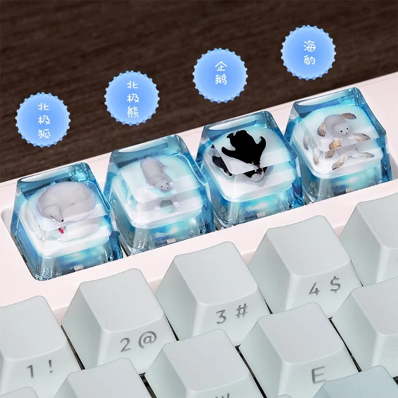 القطب الشمالي الجليد والثلج تحت عنوان Keycap CuteCartoon الحيوان مخصص لوحة المفاتيح الميكانيكية كيكابس OEM الملف الشخصي الراتنج شفافة Keycap