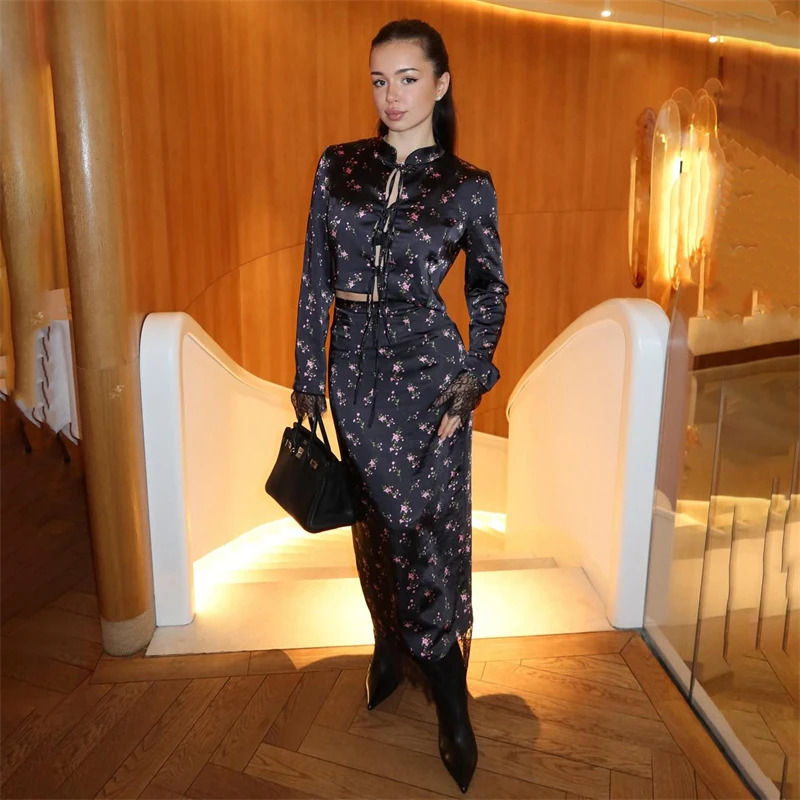 Gonna superiore con stampa floreale in pizzo Abiti da donna con lacci a maniche lunghe Cardigan Moda Gonna lunga sottile Abiti femminili Autunno