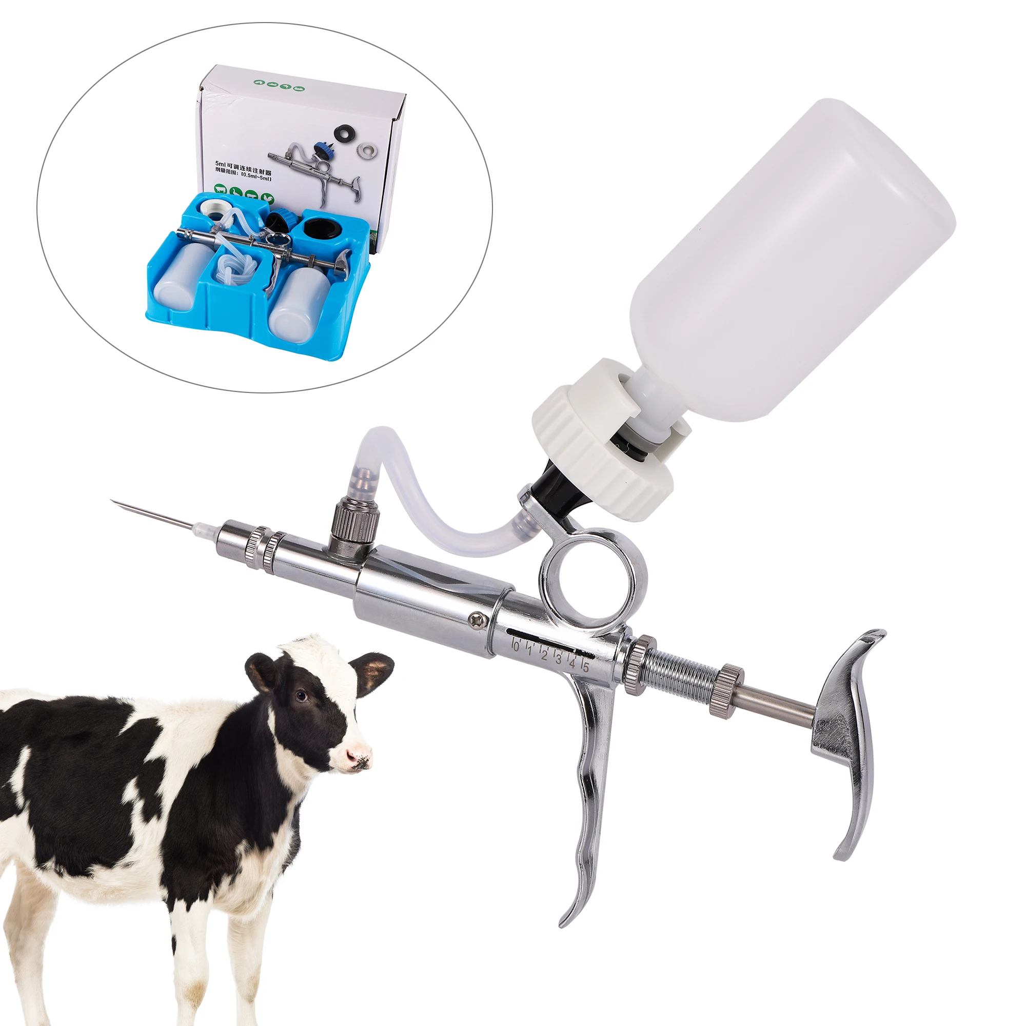 0.5~5ml Automatic Livestock Continuous Syringe Veterinary Equipment With Bottles Vaccination Metal Multifunction Farm Tool