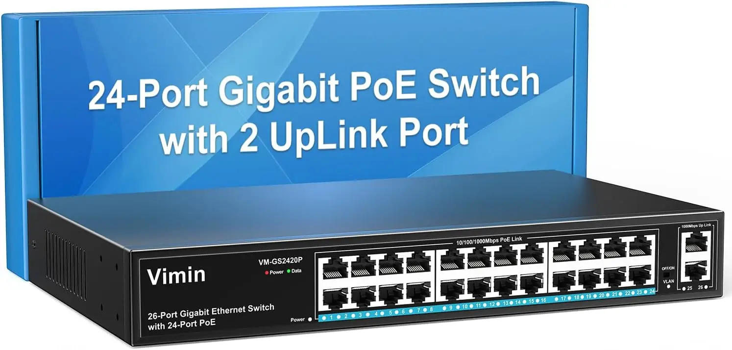 

26 Port Gigabit PoE Switch with 2 Uplink Ports, 320W, 802.3af/at, VLAN, Metal, Rack Mount