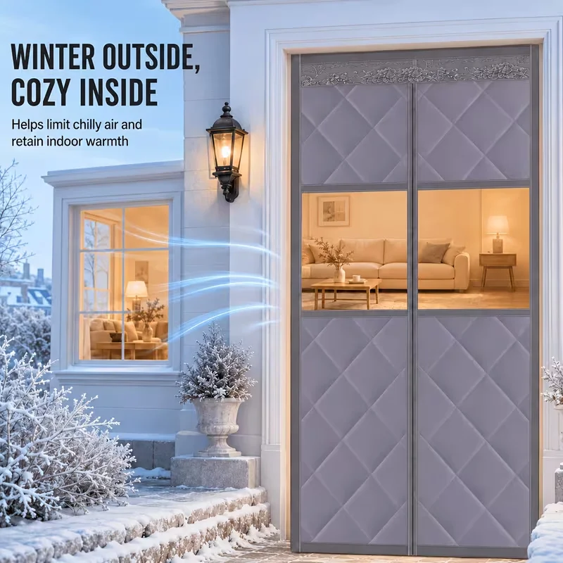 1pc Magnetic Thermal Door Curtain with Clear Window, thickened windproof winter door cover. Self-closing no-hand wind strip