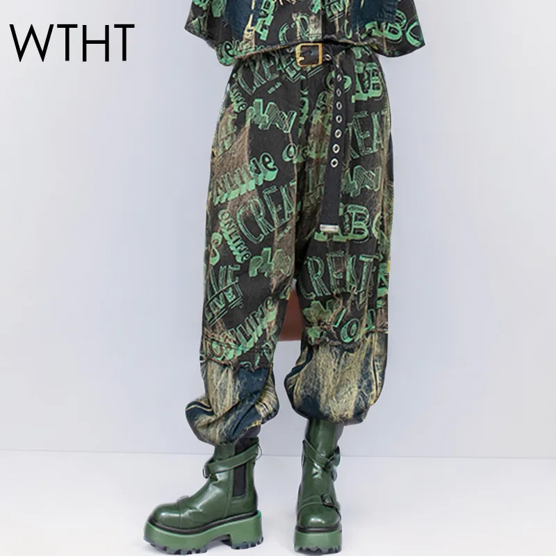 

WTHT New Trendy Women's Print Letter Spliced Denim Pants Vintage High-waisted Loose Harem Jeans Female 2025 Summer 1LS1385