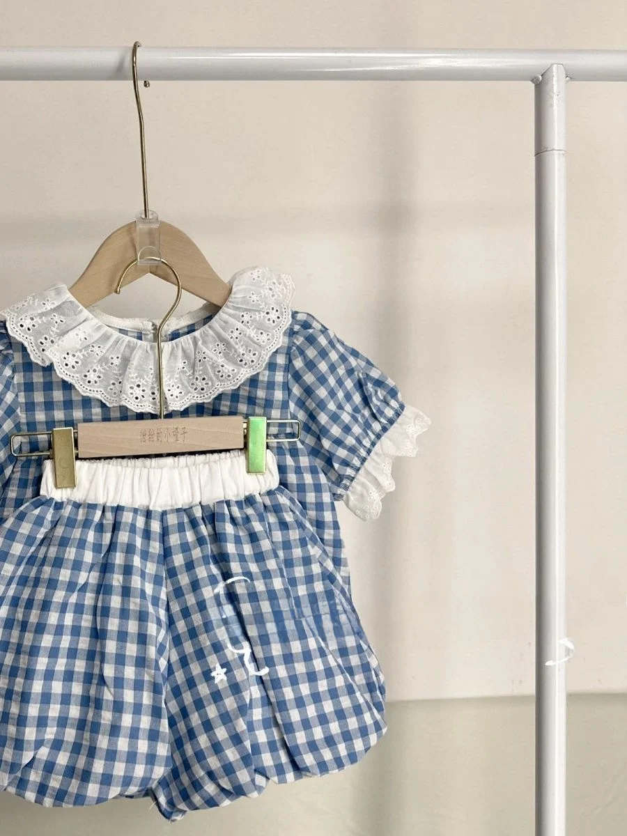 Ensemble deux pièces pour filles, poupée à carreaux, bulle, haut et pantalon à bourgeons de fleurs, mélange de coton coréen, adapté aux déplacements, été