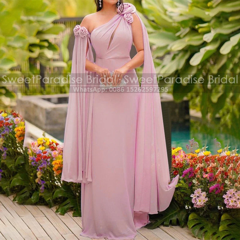 Customized One Shoulder Mother of the Bride Dresses A Line Flowers Cap Long Plus Size Women Evening Dress