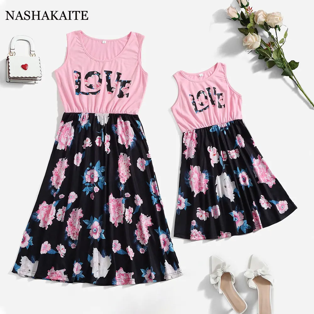 

Summer Mother Daughter Floral Dresses letter love print Slip Dress For Mom Daughter Mommy and Me Clothes Family Matching Outfits