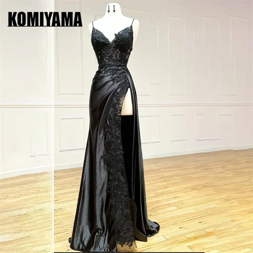 Customized Mermaid Sexy Temperament Elegant Evening Vestidos Spaghetti Appliqué Lace Formal Gown Strap Black Prom Dresses Celebr