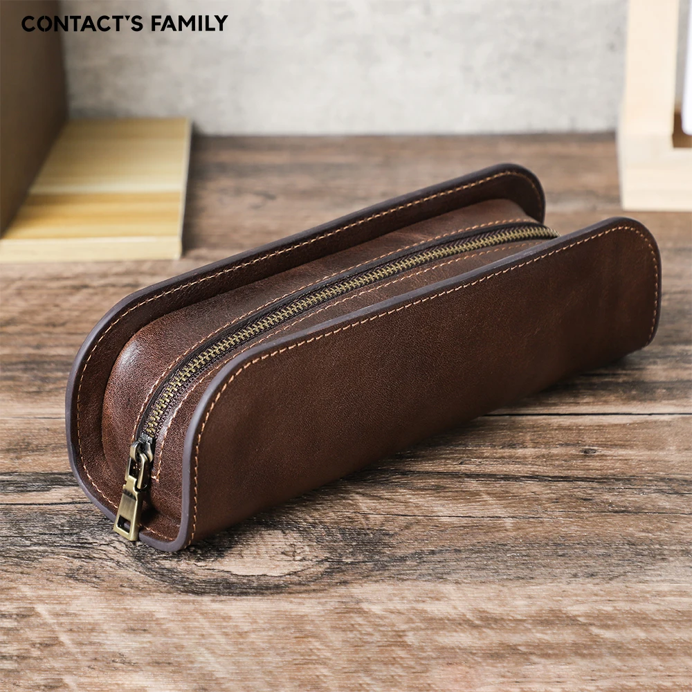 

Vintage Handmade Genuine Leather Pencil Bag Simple Stationery Hoder Pen Case Storage Bag Zipper Pencil Pouch School Supplies