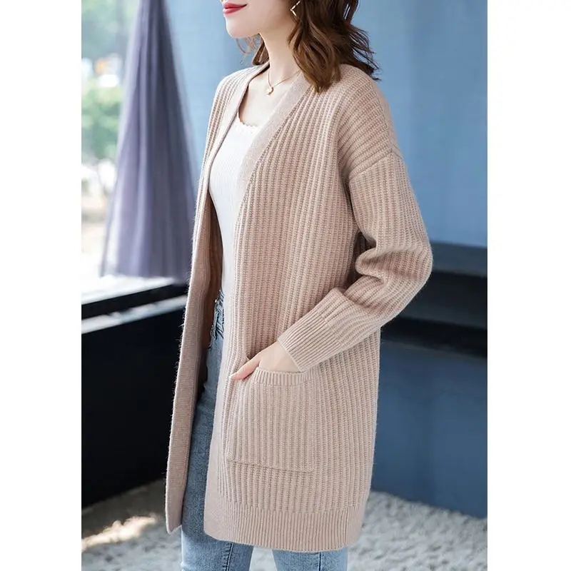 Spring and Autumn New Sweater Knitted Cardigan Women\'s Long Sleeve Loose Korean Edition Coat Medium to Long Outer Wear