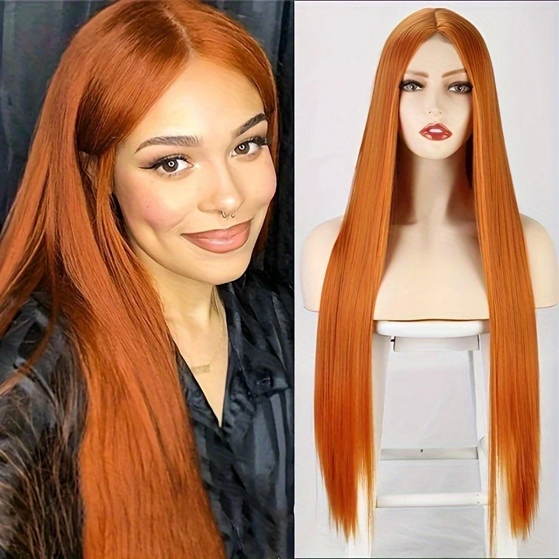 

Women's long straight hair with small , middle parting, front , synthetic fiber lace wig