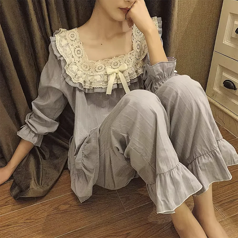 Women‘s Lolita Flower Embroidery Lace Square Neck Pajama Sets.Vintage Lady Cotton Grey Pyjamas Set.Sleep Loungewear Nightclothes