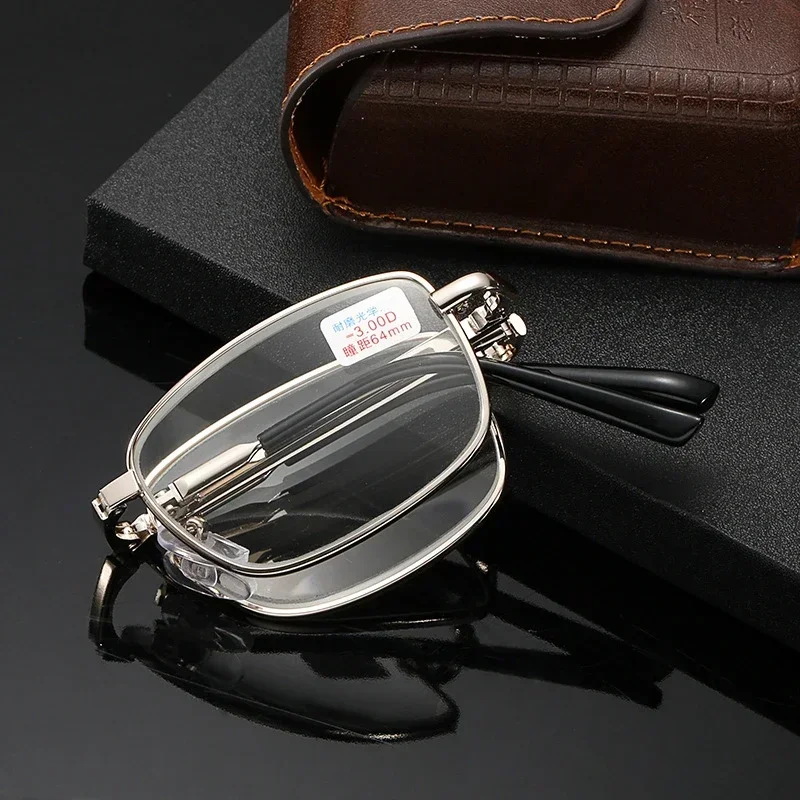 Photochromic Folding Myopia Glasses with Leather Box Portable Business Mens Myopia Eyeglasses Minus Diopter Glasses 0 To -4.0