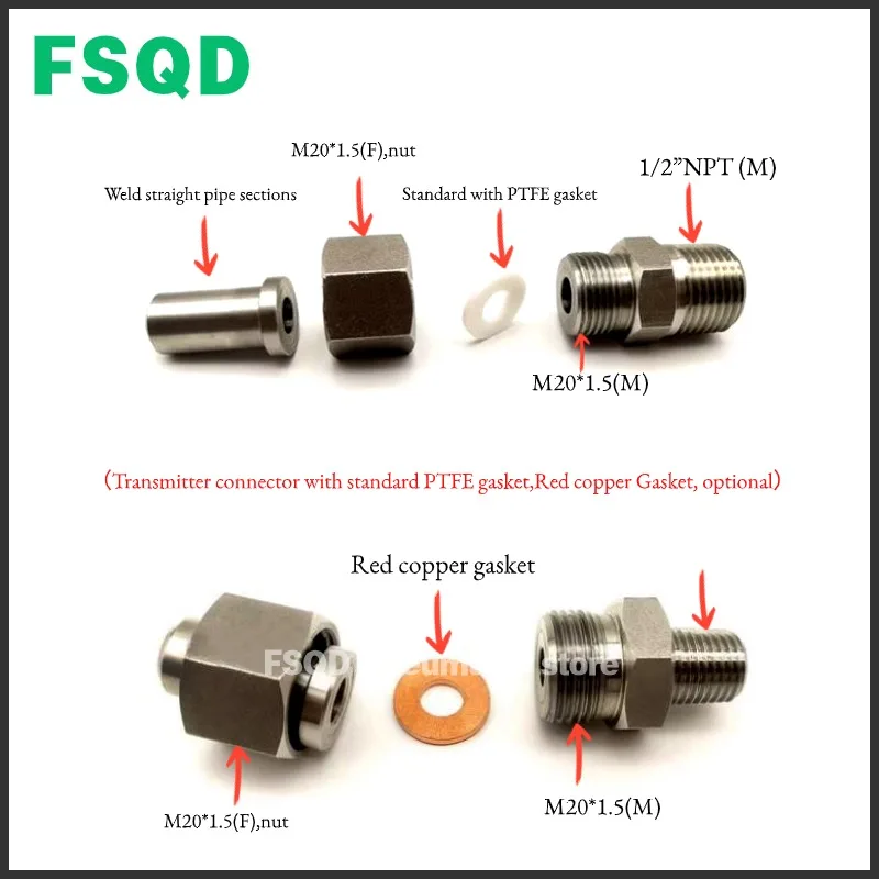 Joints M20*1.5 1/2 1/4NPT Pressure gauge welded head 304/316 stainless steel pressure switch Transmitter connector