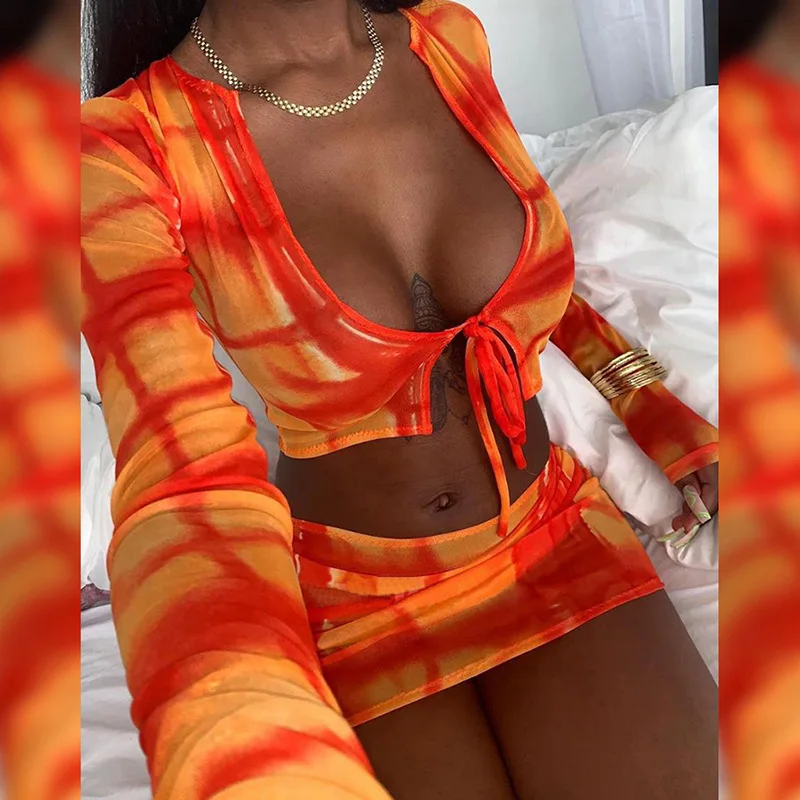 Mesh See Through Hot Sexy Women Matching Sets Bandage Long Sleeve Bodycon Club two Piece Outfits Crop Top And Skirt Set