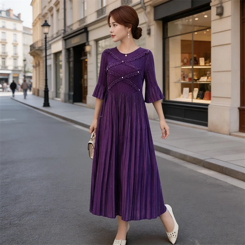 

Miyake Pleated Dresses Plisse Embroidered Splicing 2026 Spring New Loose Casual Long Dress Round Neck Flared Sleeve Clothing