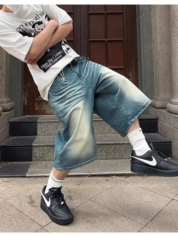 

Retro American Washed Cracked Denim Shorts Loose Straight Leg Seven-Foot Pants Unisex Summer High Street Light Blue Jeans