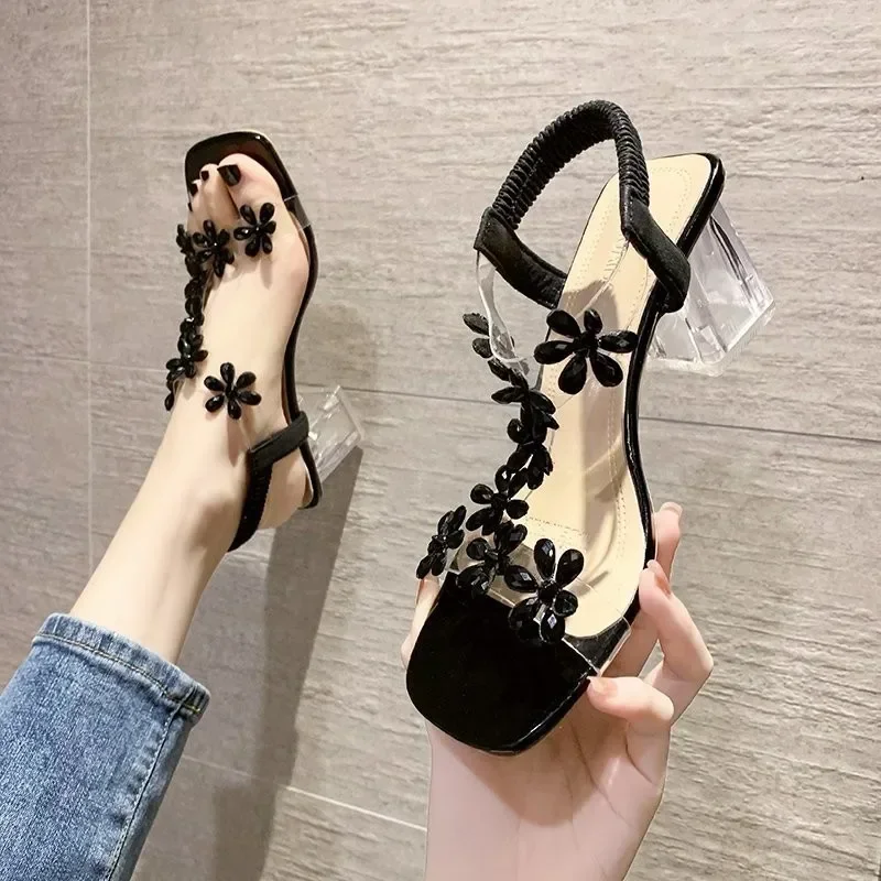 Women Sandals 2024 Summer Pvc Crystal Flower Chunky Heel Peep Toe Back Strap Elastic Elegant Fashion Shoes Ladies Zapatos