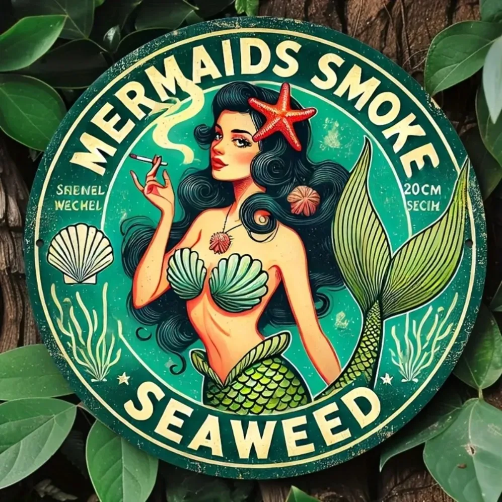 Vintage Sea Fairy Mermaids Wall Art – Iron Sign with Seaweed Smoke | 2D Foil Engraving