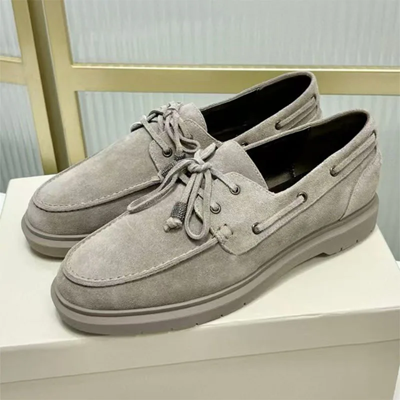 

New Suede Leather Loafers Woman Round Toe Lace-Up Casual Shoes String Bead Decor Summer Walk Shoes Lady Comfort Flat Shoes Women