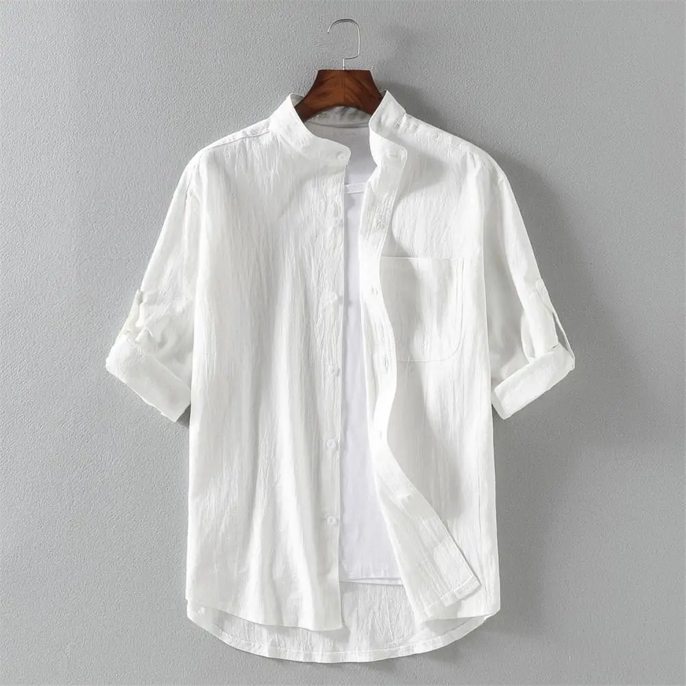 Chic Men Shirt Half Sleeve Workwear Anti-pilling Male Thin Work Retro Shirt