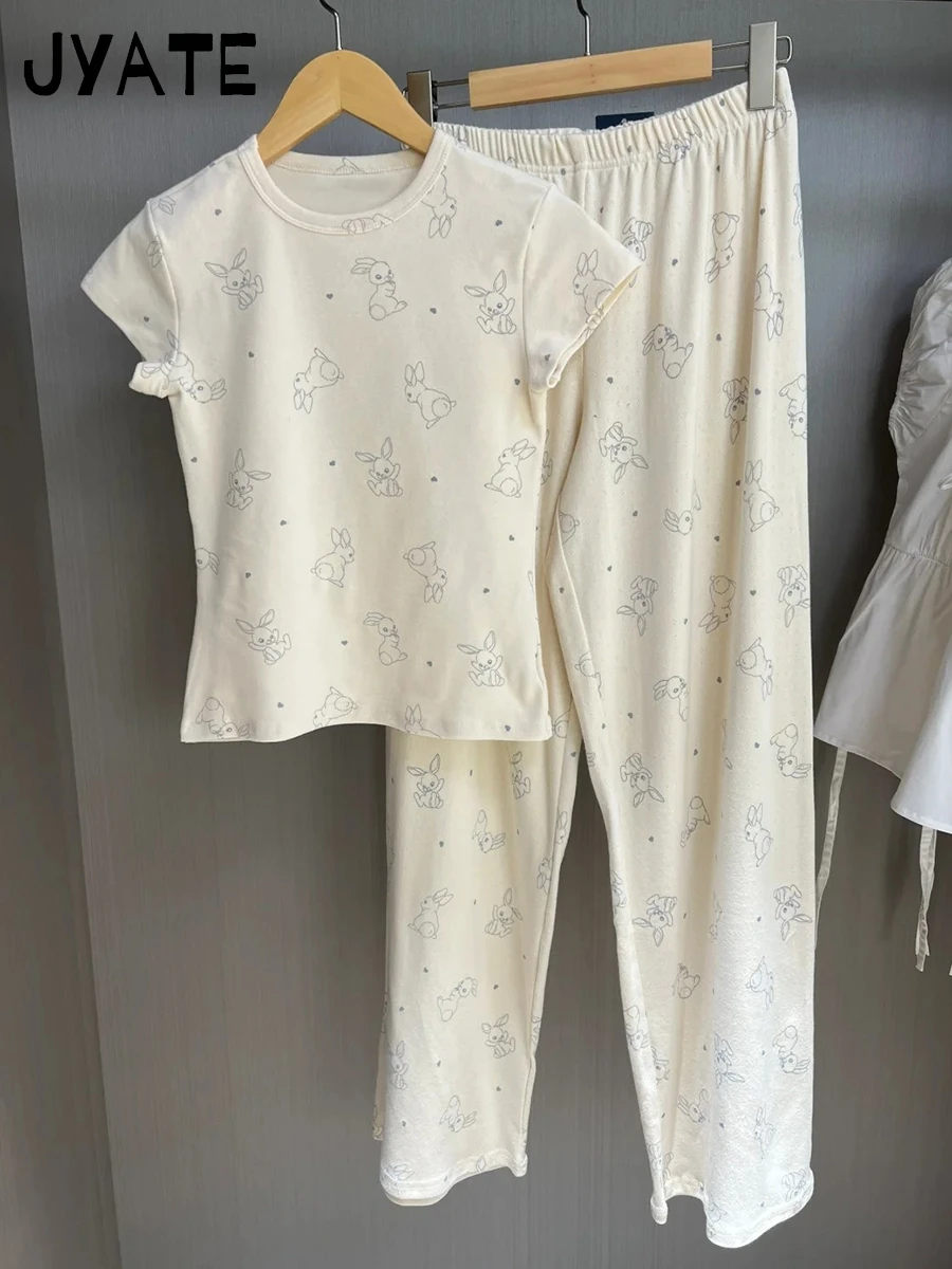 Rabbit Print T-shirts+Eyelet Long Pant Women Summer New Cotton Casual Pajama 2 Piece Set Sweet Cute Vintage Trouser Two Sets Y2K