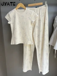 Rabbit Print T-shirts+Eyelet Long Pant Women Summer New Cotton Casual Pajama 2 Piece Set Sweet Cute Vintage Trouser Two Sets Y2K