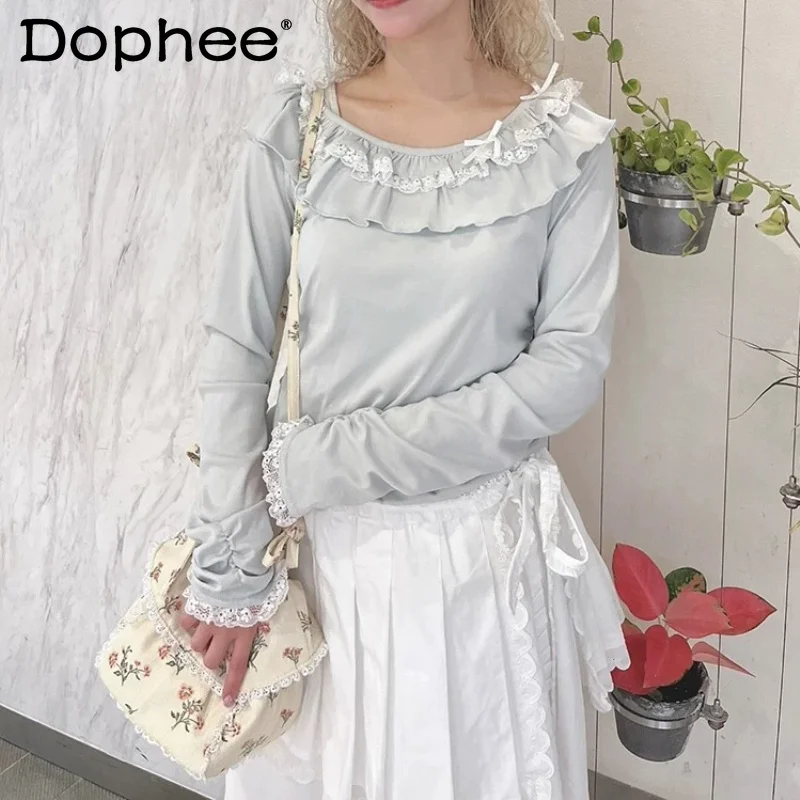 

Japanese Sweet Cute Girl Crew Neck Wavy Ruffle Edge Long-sleeved T-shirt 2026 Fashion Waist Thin Casual Versatile Bottoming Top