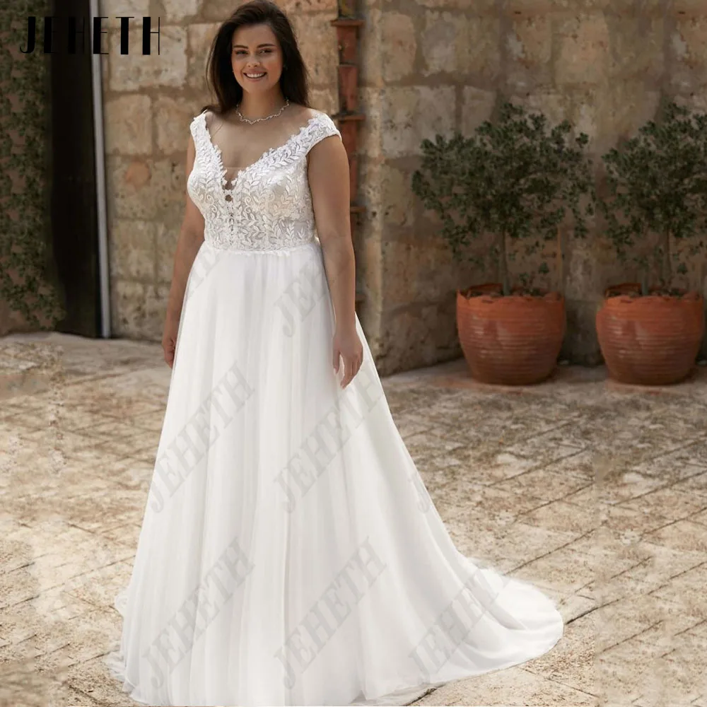 JEHETH Boho Cap Sleeves Wedding Dresses For Woman Plus Size Zipper Back A-Line Bride Gowns Lace Applique vestidos de novia 2023