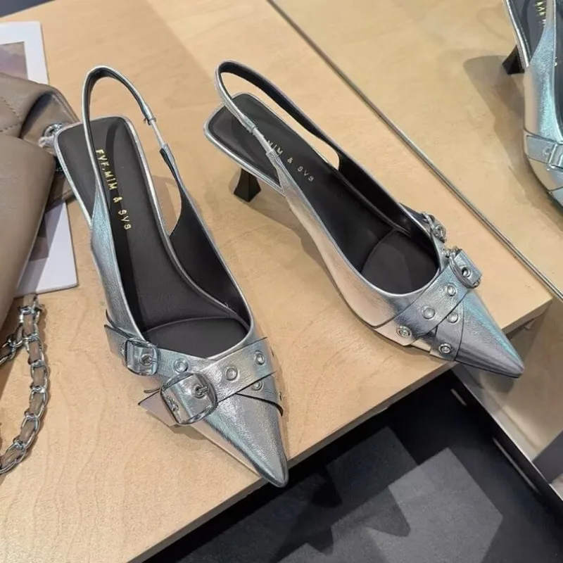 

Luxury Brand Designer Women Sandals Fashion Pointed Toe Buckle Strap Metal High Heeled Kitten Heel Elegant Single Shoes Female