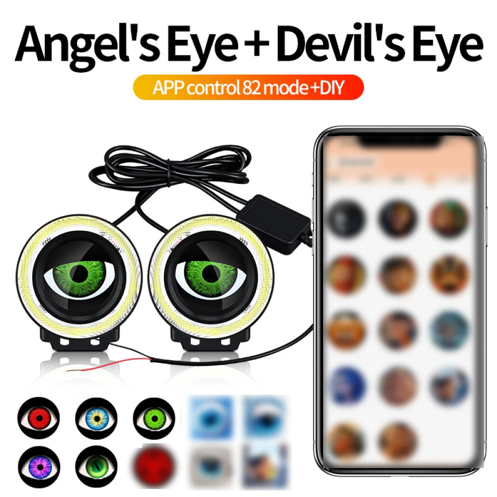 2PCS Car Dynamic HeadLamps Angel Eyes Lamp APP Control Waterproof Headlight 82 Modes Devil Eyes Retrofit Kit For Car Motorcycle