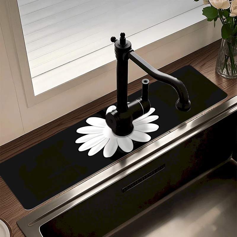 VIKAMA Black Daisy Print Faucet Pad, Kitchen Absorbent Anti Slip Pad, Minimalist Faucet Pad, Home Decoration