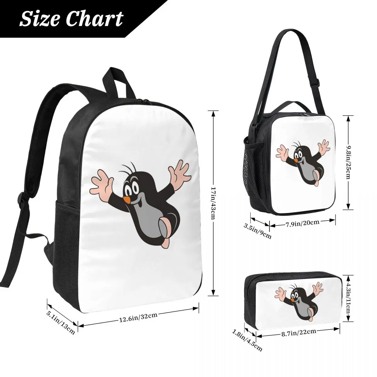 Mole Happy Krtek Backpack Student BookBag School Bag Computer Shoulder Bags 3ps Insulated Lunch Bag Pencil Case
