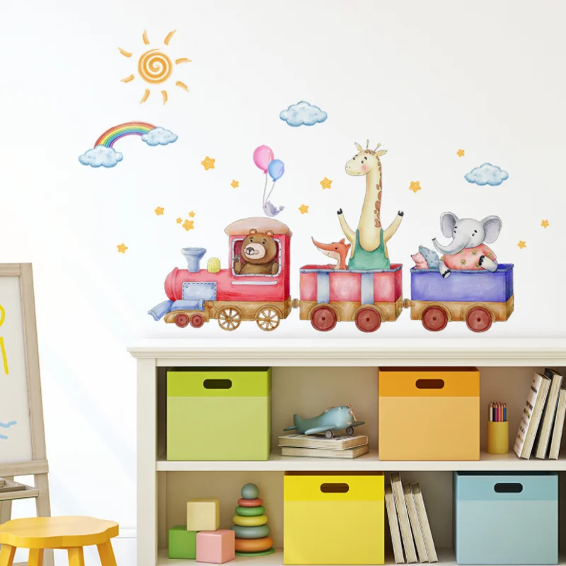 

Cartoon Animal Train Rainbow Cloud Wall Sticker Children's Bedroom Background Decora Kindergarten Classroom Sticker Antifouling