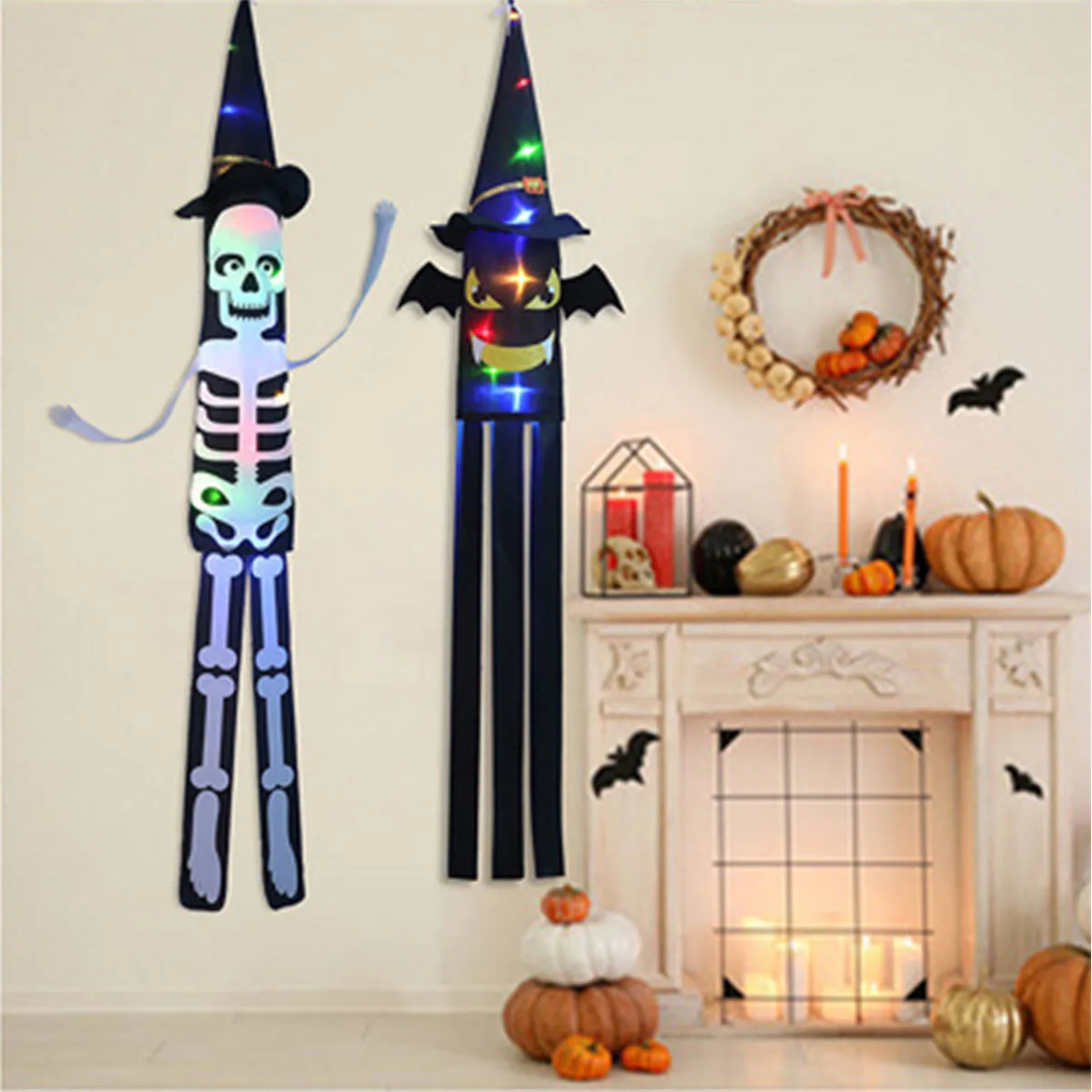 

1Pcs Glow Halloween Yard Decor Eerie Wizard Hats Bats Pumpkins Skeleton String Lights for Ghostly Parties